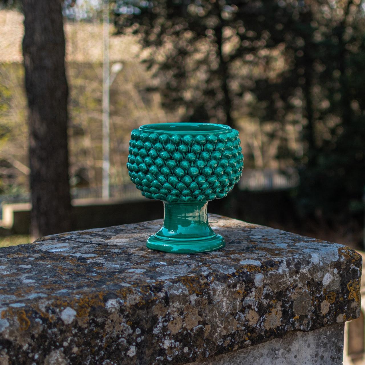 Emerald green half-pineapple vase in Caltagirone ceramic