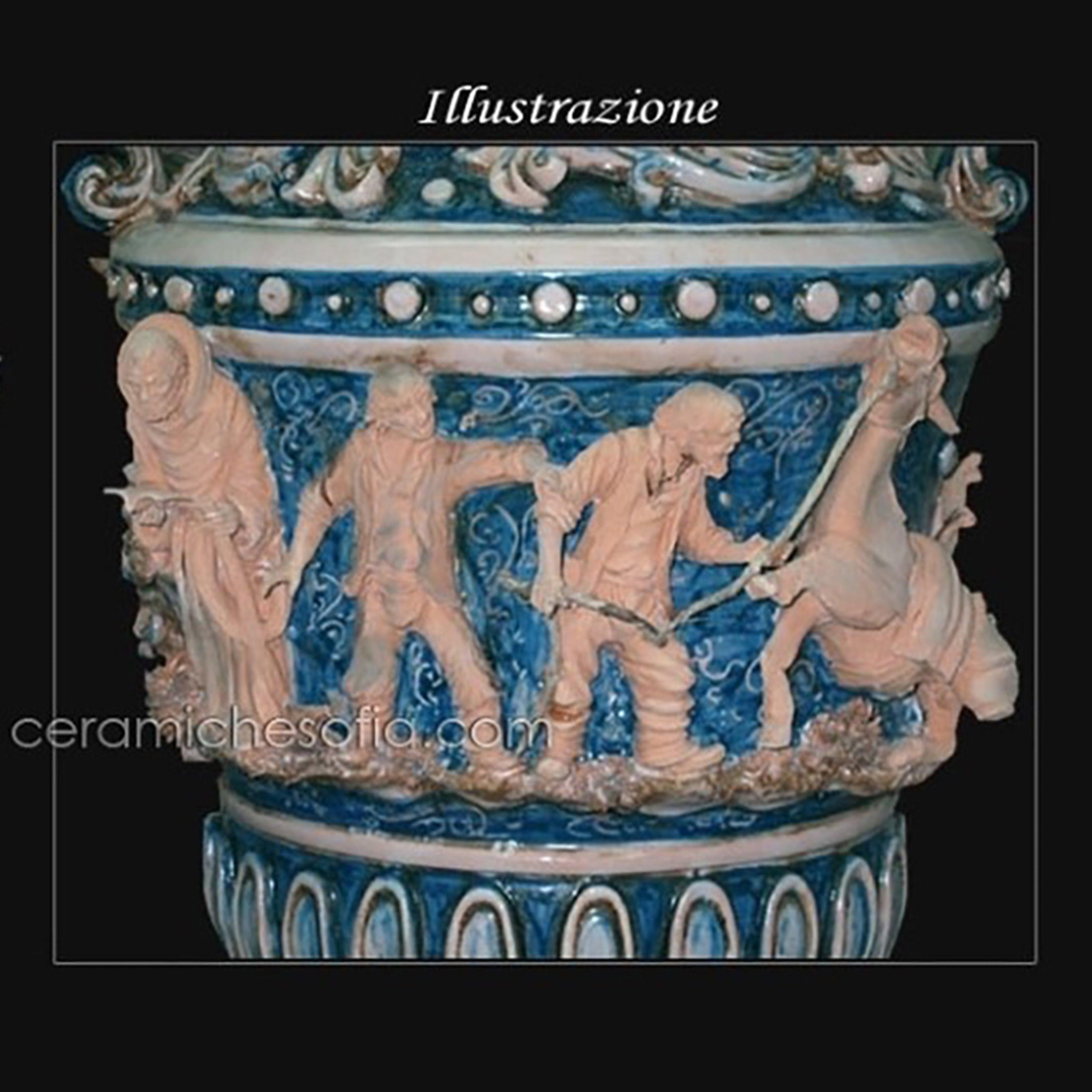 Vaso monumentale scenetta in serie limitata h 72 mono blu Ceramiche di Caltagirone Sofia