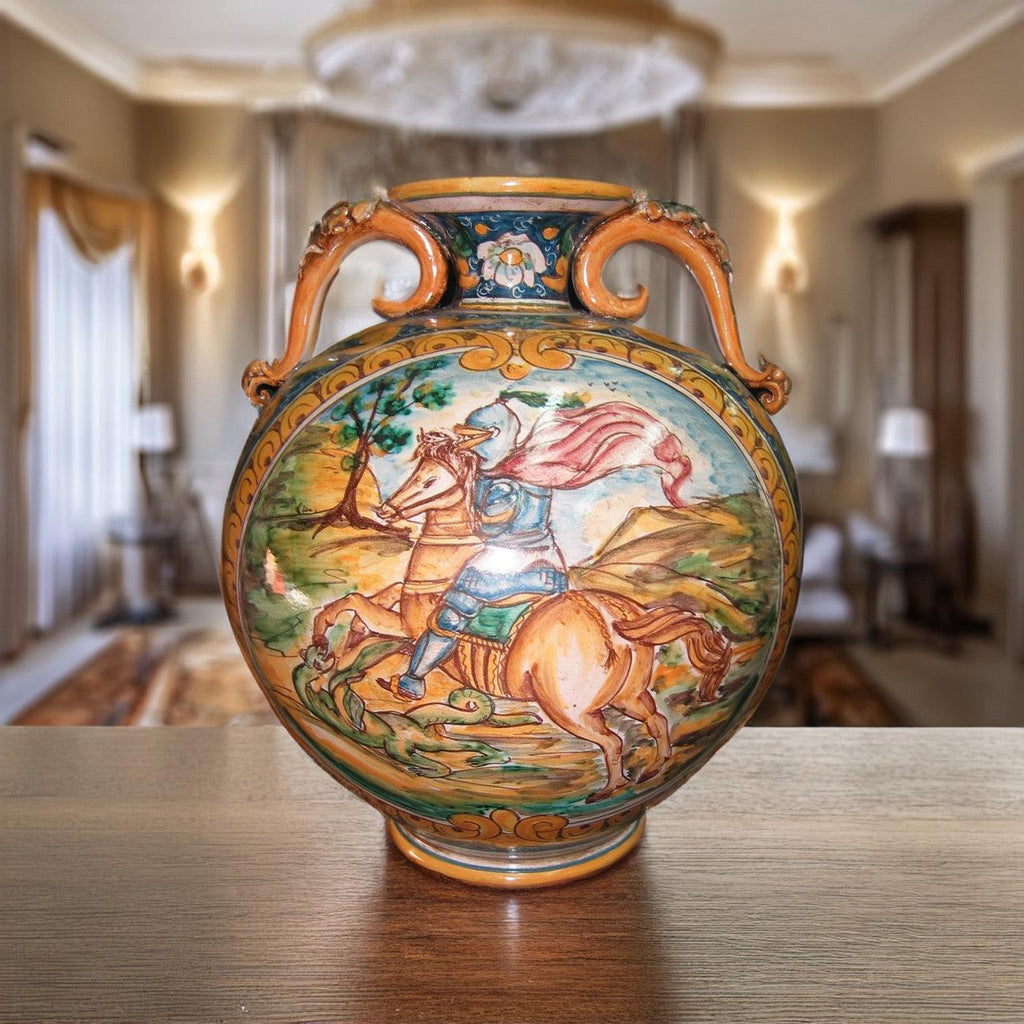 Vaso Palla con Manici in Ceramica di Caltagirone h 32 cm — Ornato Calatino con Cavaliere