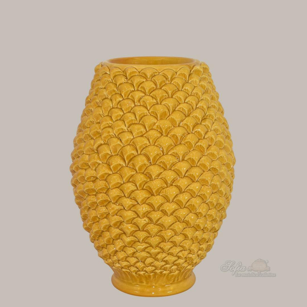 Vaso pigna panciuto senape artigianale in ceramica di Caltagirone modellata a mano Ceramiche di Caltagirone Sofia