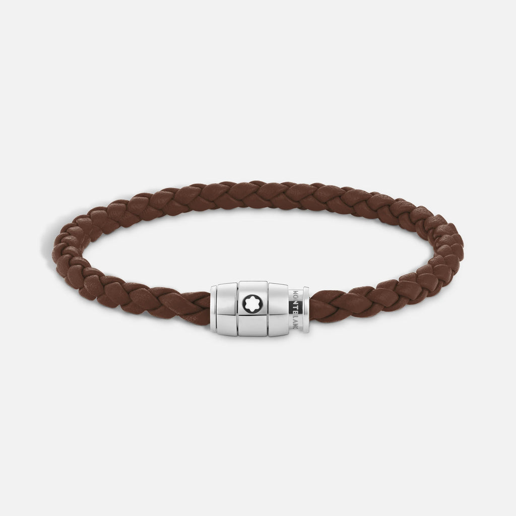 Montblanc 3-ring steel and fawn brown leather Meisterstück bracelet size S 13600060