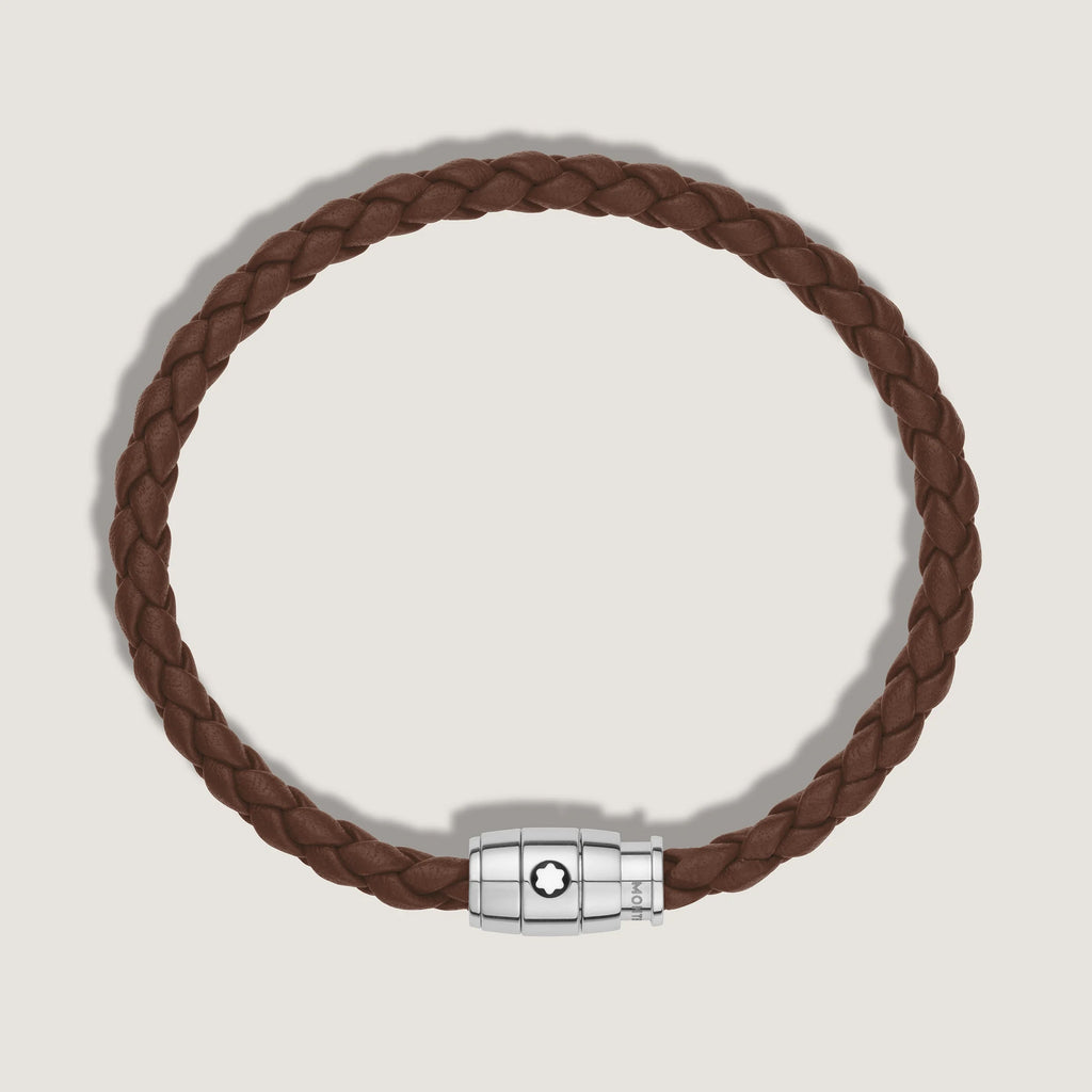 Montblanc 3-ring steel and fawn brown leather Meisterstück bracelet size S 13600060